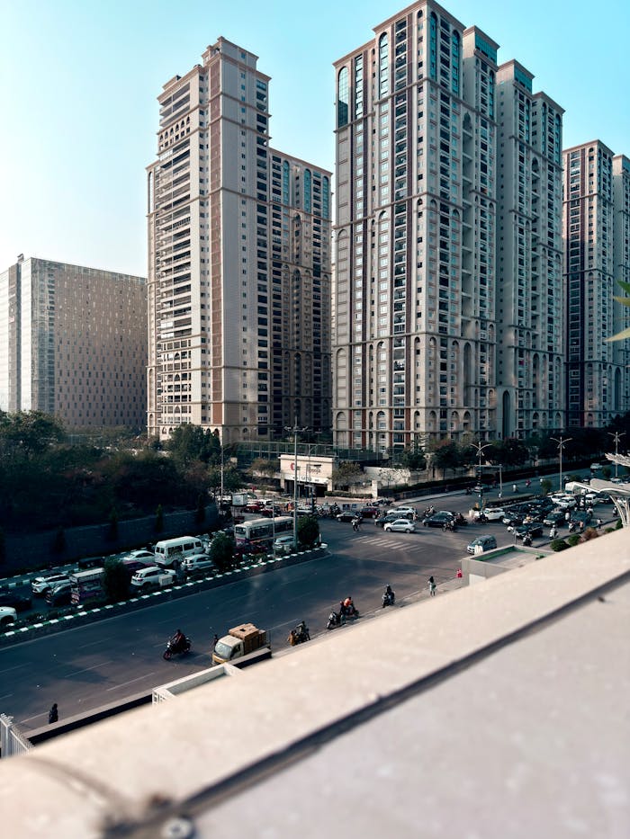 Services Impressive high-rise apartment buildings in Hyderabad, showcasing urban architecture.